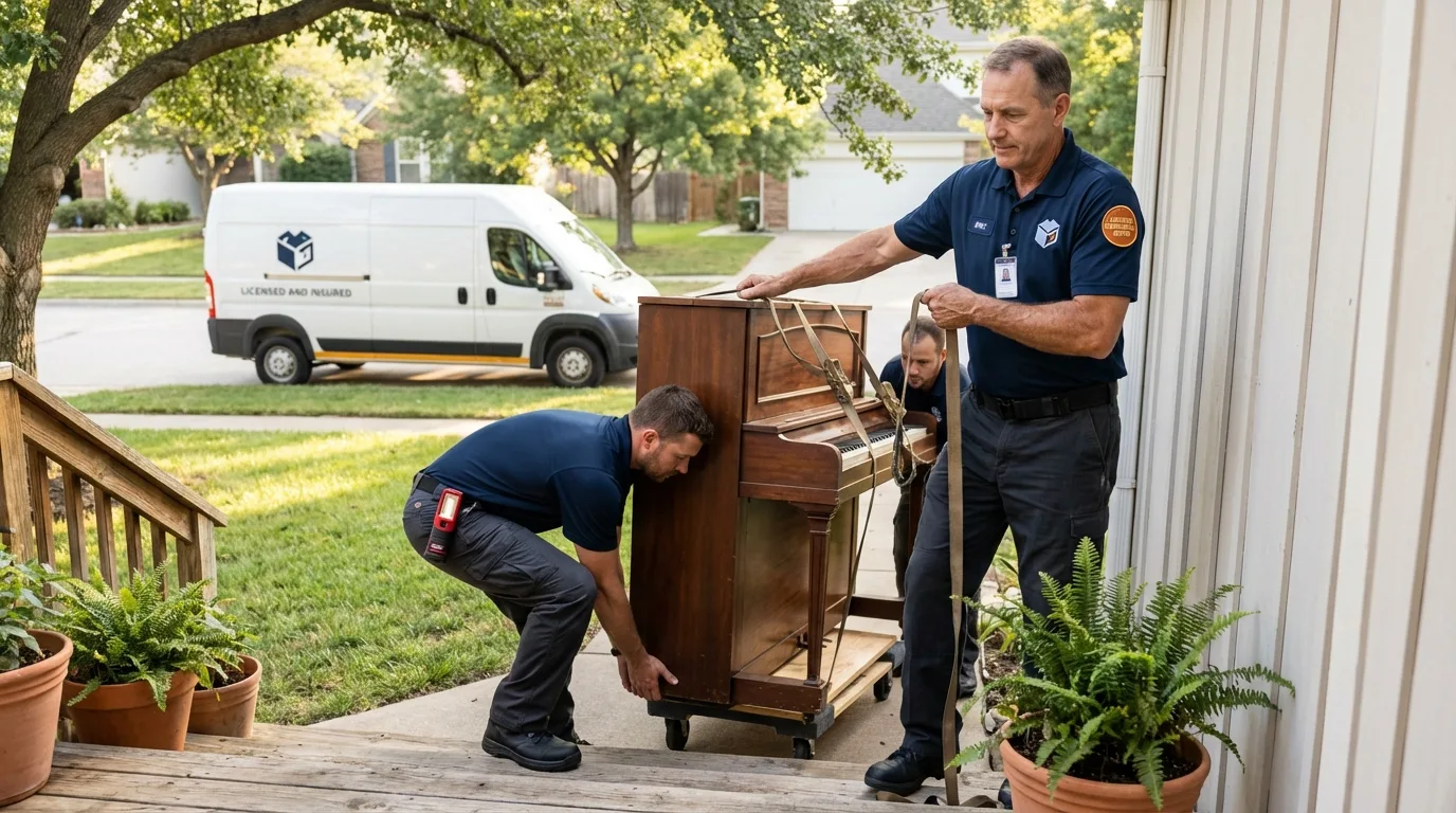 Licensed piano movers securing grand piano in Thornton, IL