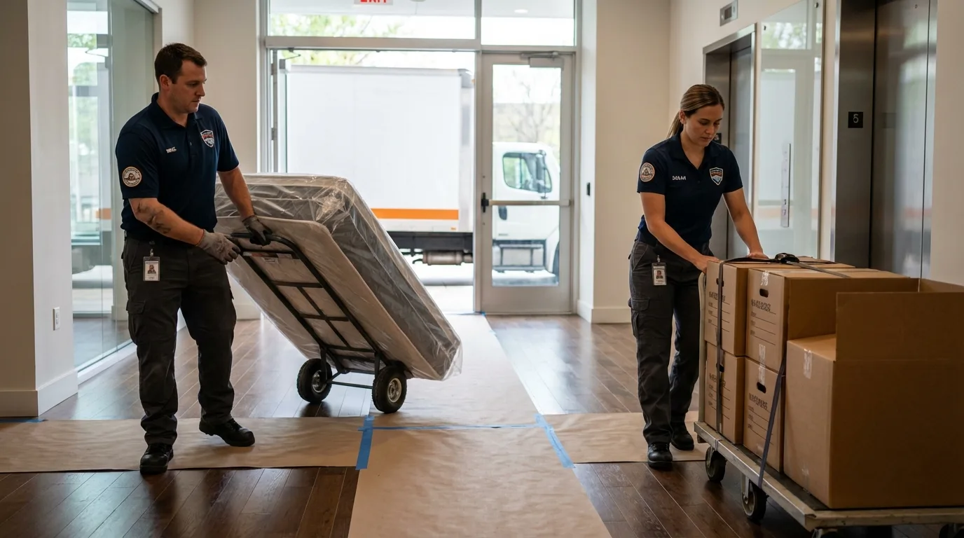 Professional apartment movers loading elevator in Thornton, IL